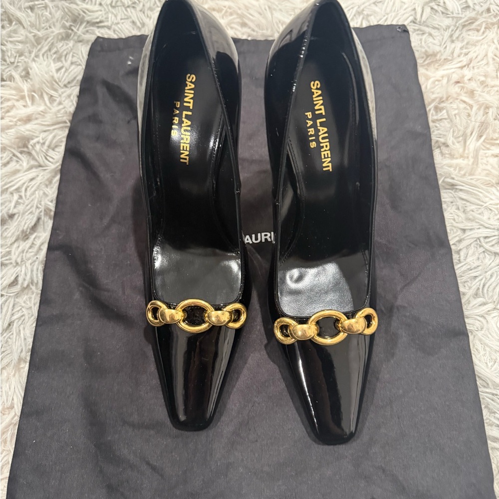 Saint Laurent Black Heels with Gold Chain Detail